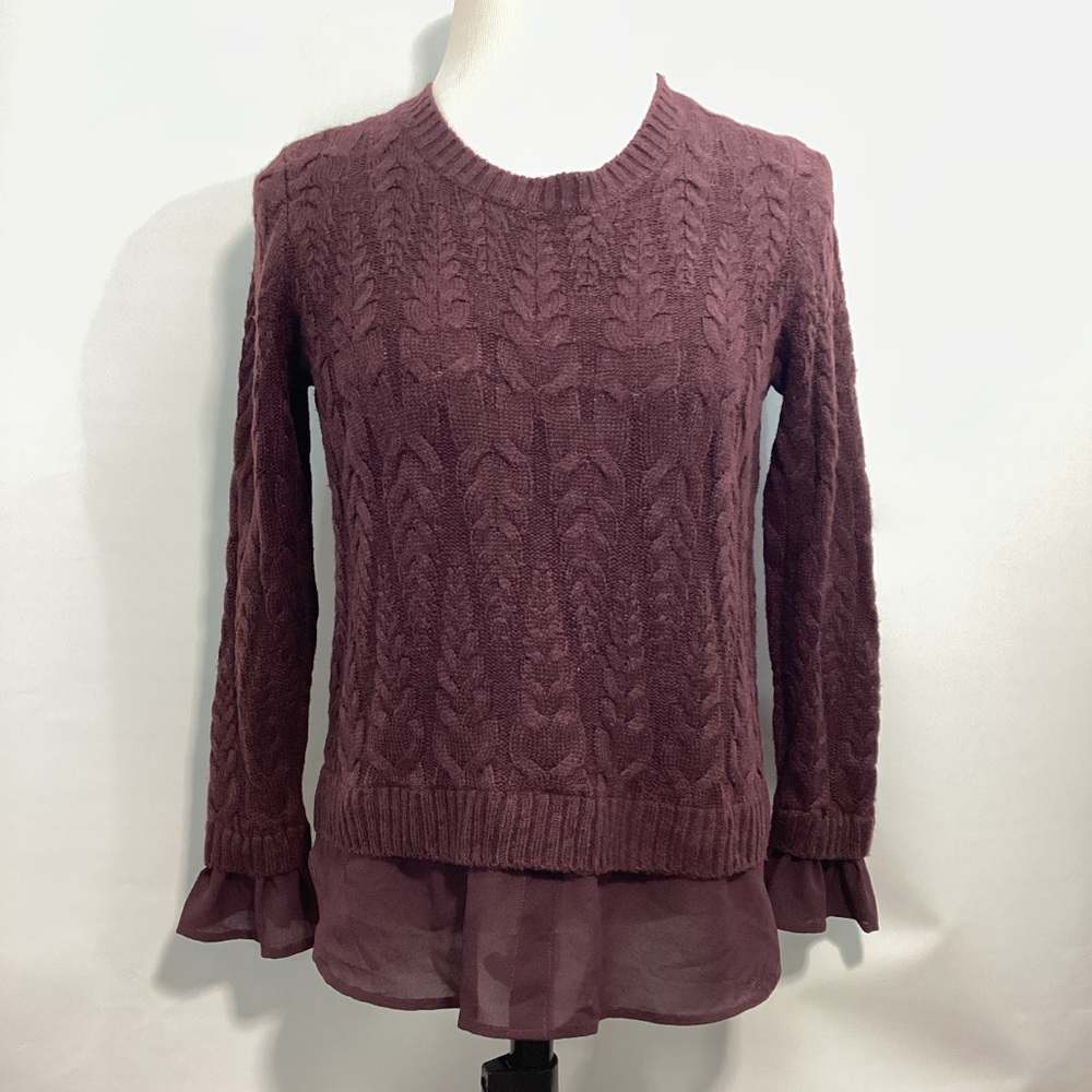 Elle Cable Knit Sweater with Sheer Hem - Burgundy Pullover Size L